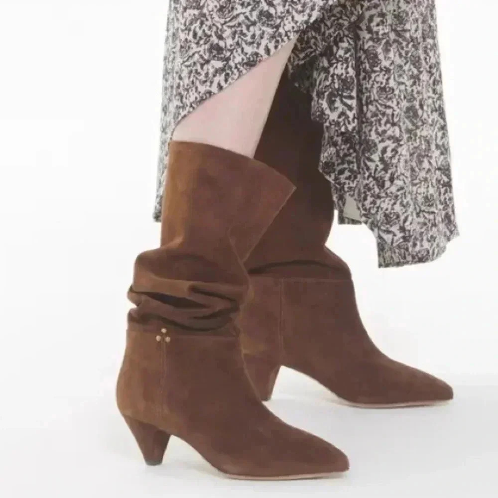 Jerome Dreyfuss Sandie 50 Suede Boots Tobacco Leather Calfskin Beveled Heel 39